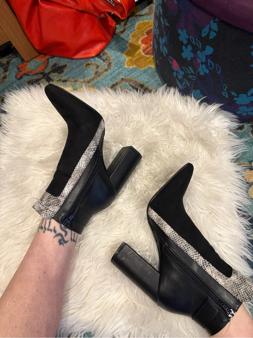 Shoe Dazzle Black Suede Ankle Boots with Snake-Print Cuff